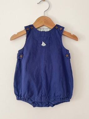 JANIE & JACK EUC Boys Navy Nautical Embroidered Sailboat Summer Bubble